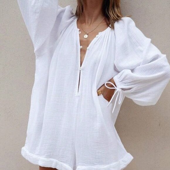 Pants - White Cute Women's Solid Color Daily Long Sleeve Romper